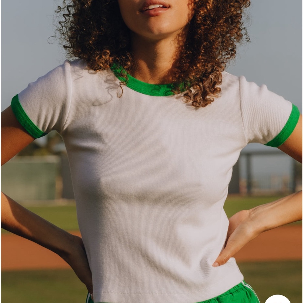 Daily Drilled Varsity Ribbed Baby Tee - White and Kelly Green